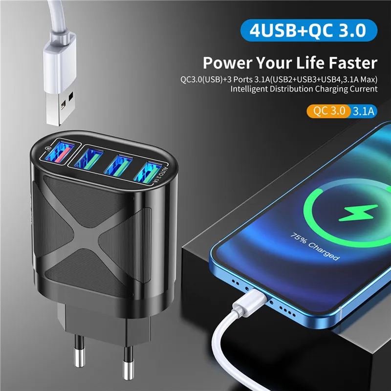 USLION 4 Port USB Charger Quick Charge QC 3.0 48W Wall Travel Phone Fast Charging For Samsung Xiaomi mi 13 EU US UK Plug Adapter