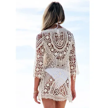 

New Style Hollow out Jersey Dress Sexy Crew Neck Dress Horizontal Neck Loose-Fit Lace Cover-up