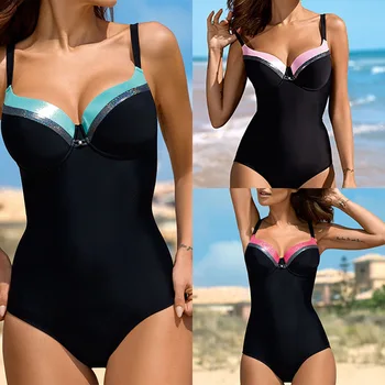 

2019 women's steel bracket gathered triangle one-piece swimsuit color matching swimsuit