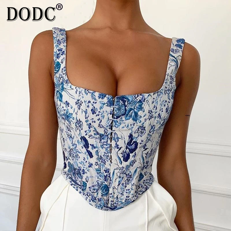 Economici Stampato floreale blu sexy del carro armato del partito top delle donne Fibbia sottile del bicchierino cami top cinese crop top della maglia Più Bustier del corsetto del tubo top femme
