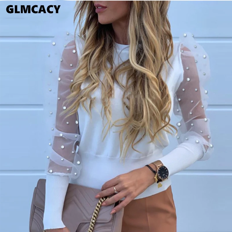 Женская блузка с пышными рукавами, украшенная бисером, с прозрачным рукавом, шикарная Весенняя Осенняя элегантная рубашка - Цвет: Белый