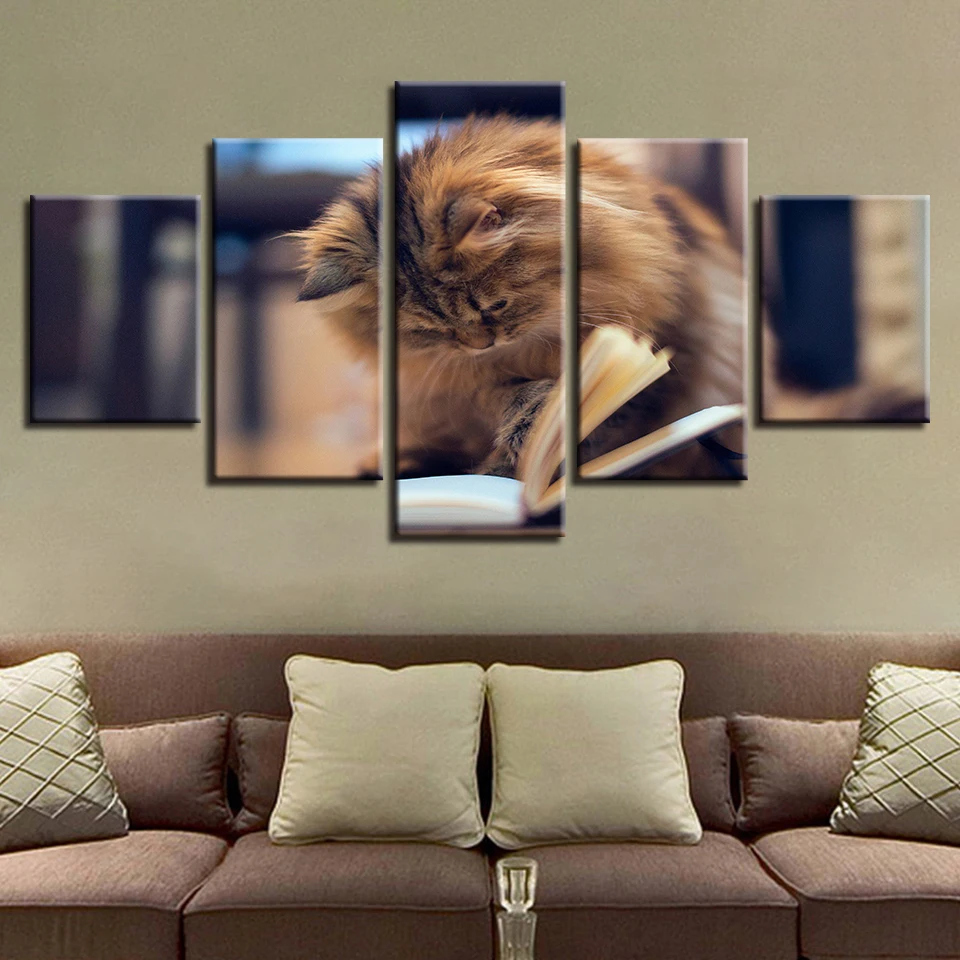 

Framework Modular Canvas Painting 5 Pieces Animal Cats Are Reading Book Picture Poster Decor Living Room Scenery Prints Wall Art