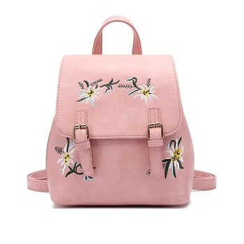 

2019 Brand Women Leather Backpacks Female Casual School bags for Girls Rucksack Small Floral Embroidery Flowers Bagpack Mochila