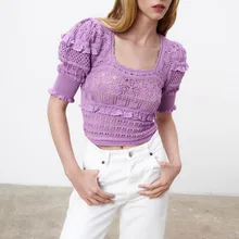 

2022 Spring Summer Hollow Women's Sweater Short Sleeve Jacquard Mesh Knitted Top Purple Knitwear Square Collar Slim Pullover