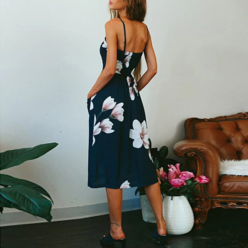 2018 New LOSSKY Women Print Floral Stripe Bohemian Dress V-Neck Sleevele Sexy Button Beach Casual Boho Midi Dress Plus Size 3XL