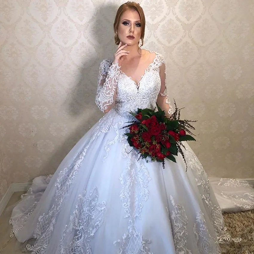 Бальное Платье, Свадебные платья с длинным рукавом, v-образный вырез, изысканные свадебные платья с кружевной аппликацией, роскошная длина до пола, Robe de Mariage