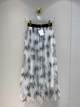 

Summer 2020 New High Quality Women Skirt Runway Designer Fashion Elegant Ink Floral Embroidery Tulle Midi Skirts