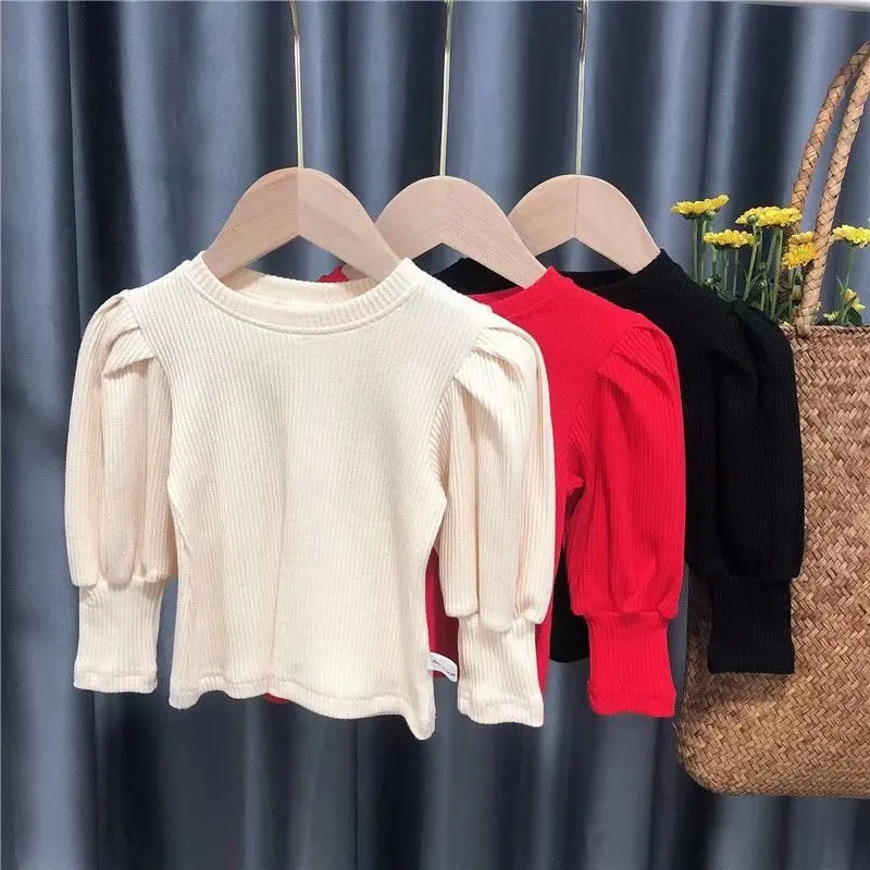 

2021 Baby Toddler Teenage Girls Puff Sleeve Sweaters Tops Spring Autumn Long Puff Sleeve Knitted Kids Sweater Bottoming Shirt
