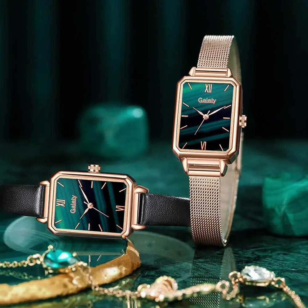 Gaiety Brand Women Watches Fashion Square Ladies Quartz Watch Bracelet Set Green Dial Simple Rose Gold