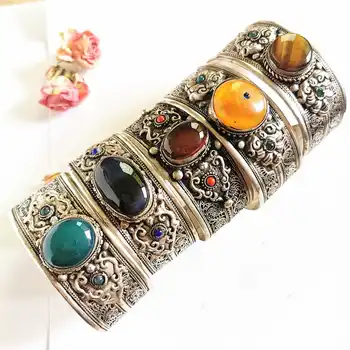 

Tibetan Inlaid Stone Beads Open Cuff Bangle Tibet Nepal Indian BOHO Vintage Ethnic Jewelry BB-099