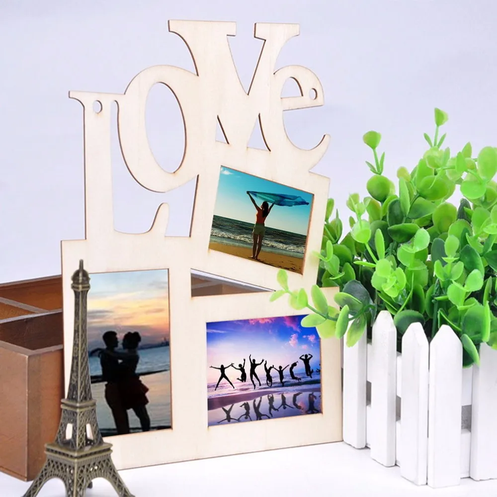 1Pcs Hot Sale DIY Lovely Hollow Love Wooden Family Photo Picture Frame Rahmen White Base Art Home Decoration