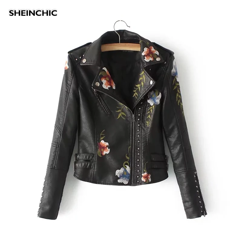 

High Quality 2019 Autumn Winter New Womens Floral Embroidery PU Leather Punk Style Faux Leather Jacket Outerwear Basic Coats