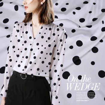 

50x140cm white polka dot printed mulberry silk stretch satin fabric 19mm shirt scarf cheongsam spandex fabric cloth for dress