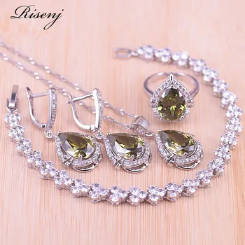 

Risenj Romantic Spanish style Olive Green Big Pear Zircon Silver Color Costume Jewelry Set Bracelet Ring Earrings Necklace Set
