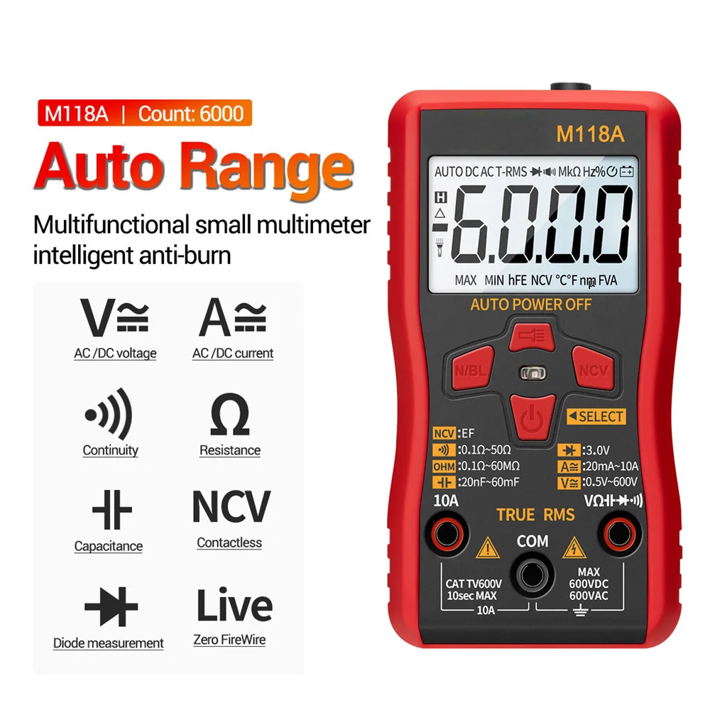 Digital Multimeter Multimeter Tester Smart Mini M118A with NCV Data Hold Flashlight Auto True Rms Tranistor Meter