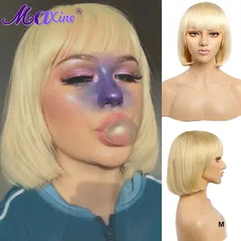 

613 Straight Short Bob Wig Blond Blunt Cut Bob Wig With Bangs Machine Made Blonde Remy Human Hair Wig For Women 150% Density