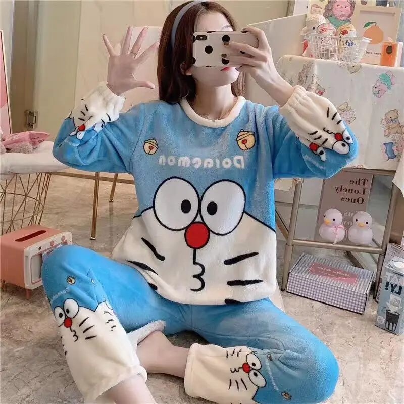 Фланелевая пижама Doraemon с мультяшным рисунком женский костюм одежда для сна из