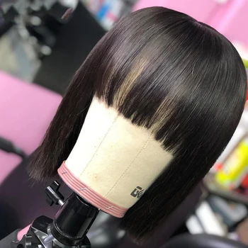 

4x4 Lace Closure Wig Fringe Wig Lace Front Human Hair Wigs With Bangs 150% Brazilian Hair Pre Plucked Bob Wig Natural Black