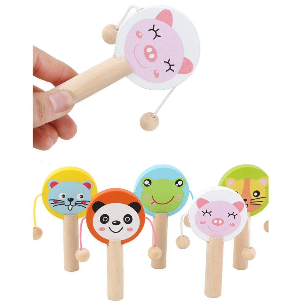Lovely Baby Cartoon Animal Wooden Handheld Musical Rattle Drum Shaker Instrument Early Educational Toy