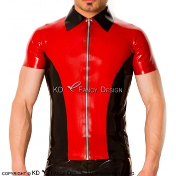 

Red With Black Trims Sexy Latex Shirt With Zipper At Front Short Sleeves Rubber Blouse Top Clothing YF-0102
