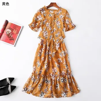 

New summer of 114433 female v neck half opened buckle print dress with short sleeves