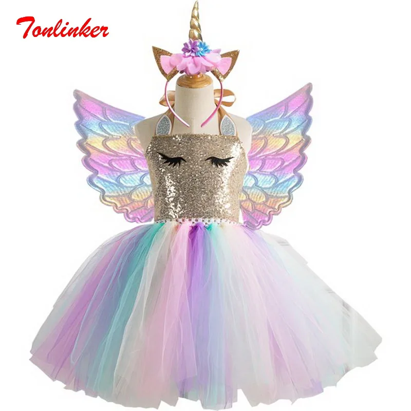

Girls Unicorn Tutu Dress With Gold Headband Wings Kids Gold Sequin Princess Party Dress Children Unicorn Costumes