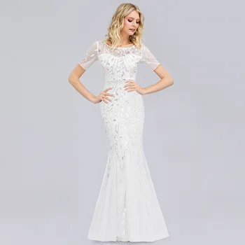 

Dressv white scoop neck short sleeves elegant evening dress mermaid sequins floor length weeding party formal evening dresses