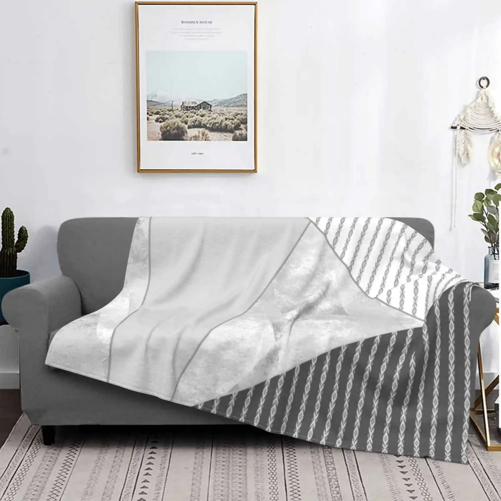 Modello Geometrico Bianco Grigio Astratto. Strisce Geometriche Bianche Grigie Astratte Della Coperta Comoda Della Flanella Di Progettazione Creativa