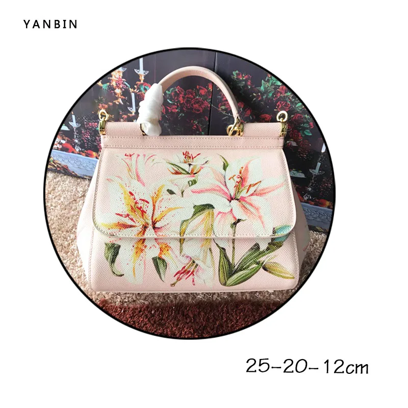 

Genuine Leather Women Handbag Satchel Bag Flower Printed Painted Shoulder Bag Real Cow Leather Tote Luxury Famous Brand Designer