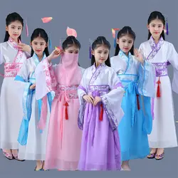 Детское традиционное китайское платье древнее Ретро династия ханфу Цин народная Фея балетная пачка для девушек Новогодний костюм Тан