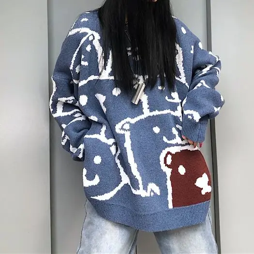 Winter Women'S Sweet Pullover Sweater Women Autumn Loose Full Sleeves Harajuku Cartoon Embroidery Oversized | Женская одежда