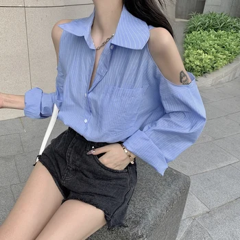 

COIGARSAM Vintage Loose Shirt Womens tops Women shirts White Blue 2713