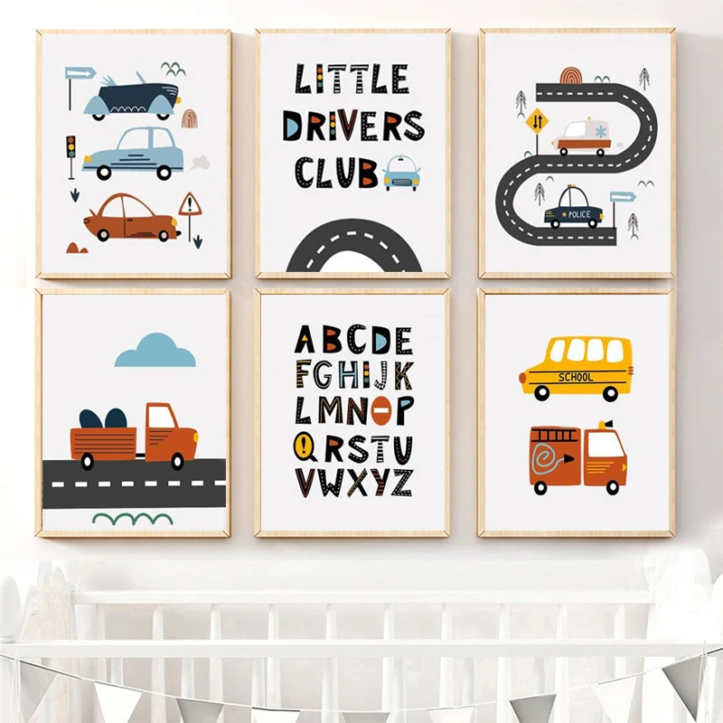 

Letter Education Poster Car Road Nursery Wall Art Kids Room Decoration Painting Kindergarten Wall Prints Canvas Pictures Art