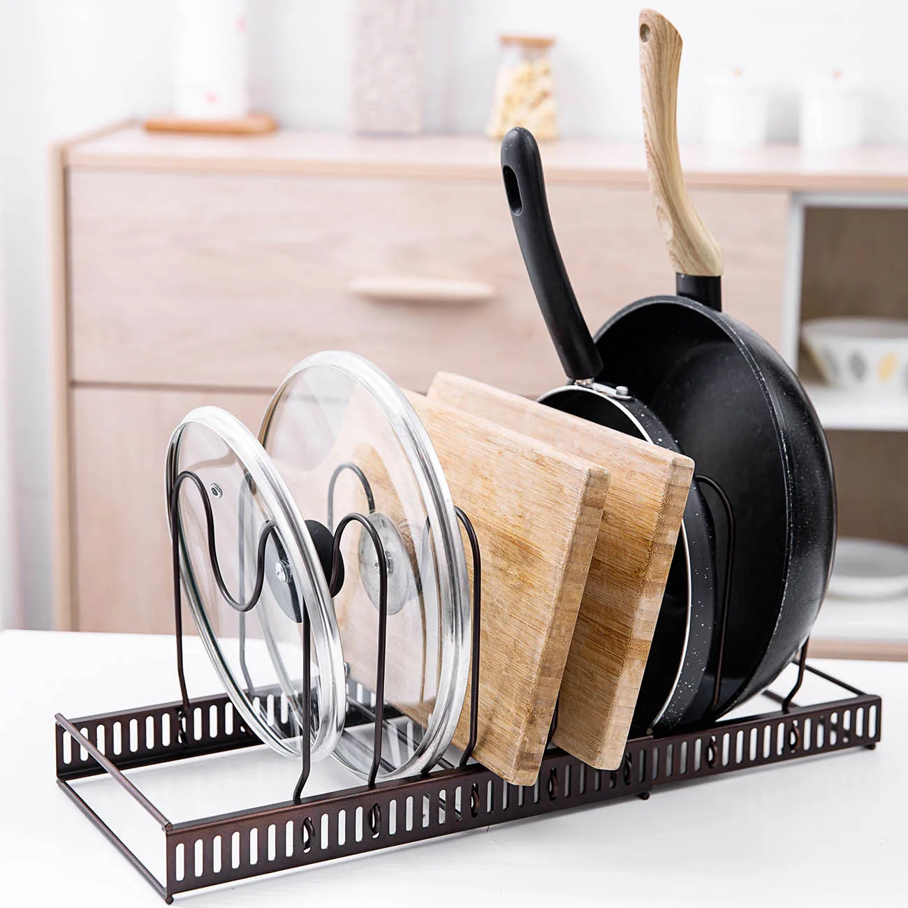 Cutting board rack Pot Pan lid organizer for kitchen space saving metal  Rack Shelf Stand with 3 Sectional chopping board holder