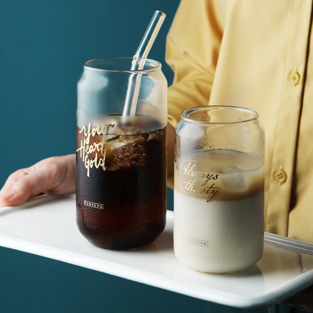 

Cola Can Glass Mug Breakfast Milk Coffee Juice Cup Transparent Simple Letter Heat Resistant Glass Mug Home Drinkware INS Gift