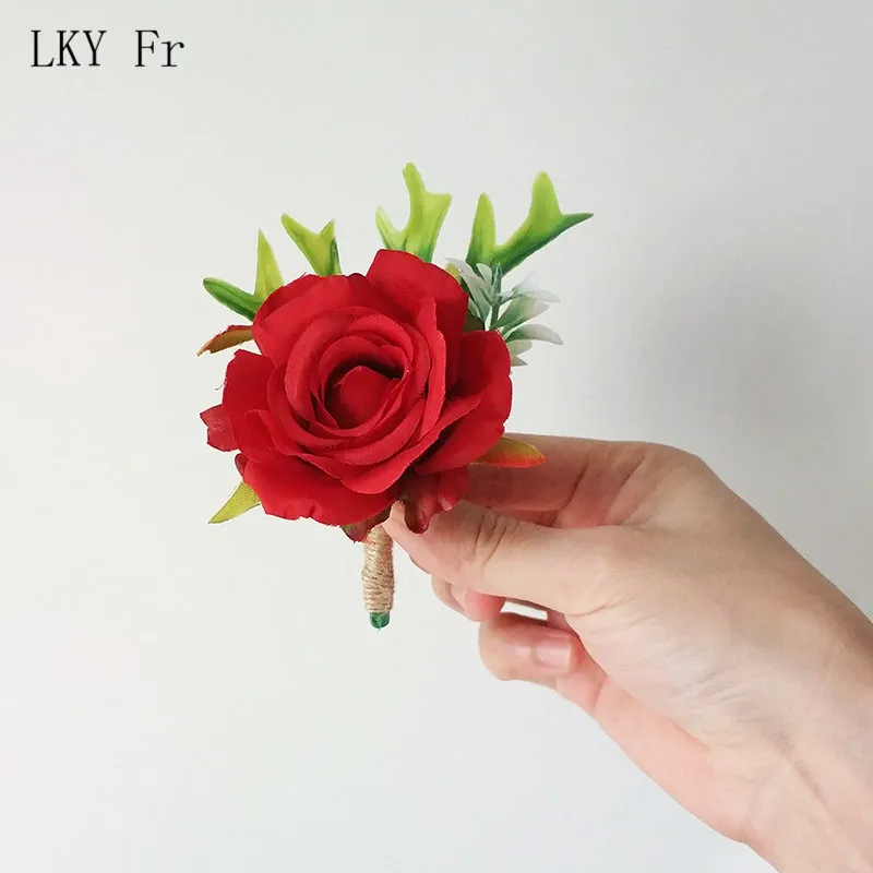 

LKY Fr Artificial Silk Roses Wedding Corsages and Boutonnieres Groomsman Boutonniere Flower Groom Buttonhole Mariage Accessories