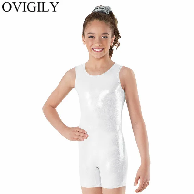 White OVIGILY/Красная Майка для девочек, бикетард, спандекс, металлический танцевальный трико для детей, цельный гимнастический комбинезон, боди для малышей - Цвет: White
