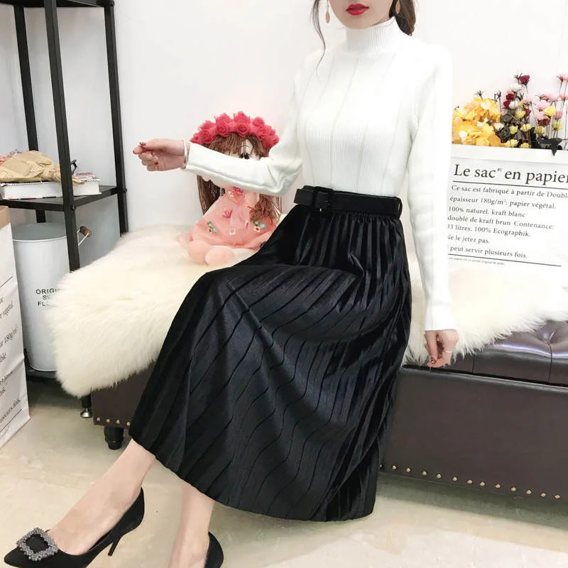 FairyShely бархатная плиссированная длинная юбка для женщин осень зима миди-юбка с высокой талией Корейская черная эластичная лента-пояс макси юбка
