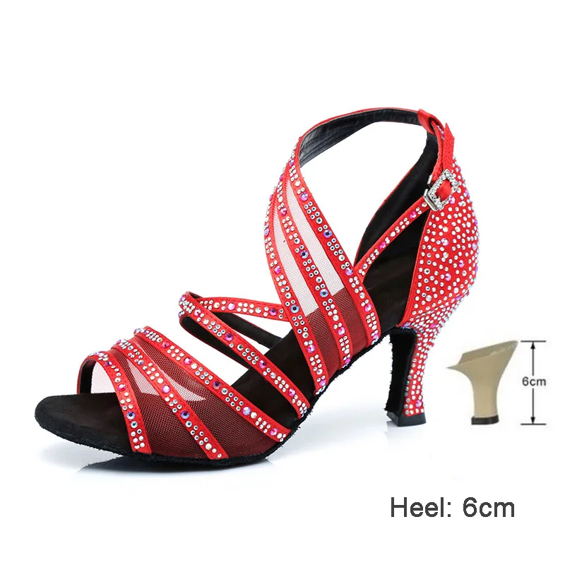 Red 6CM HROYL/женские туфли для латинских танцев для девушек; женские туфли со стразами для бальных танцев; танцевальные туфли для танго; 10/8. 5/7. 5/6 см; каблуки; Прямая поставка - Цвет: Red 6CM