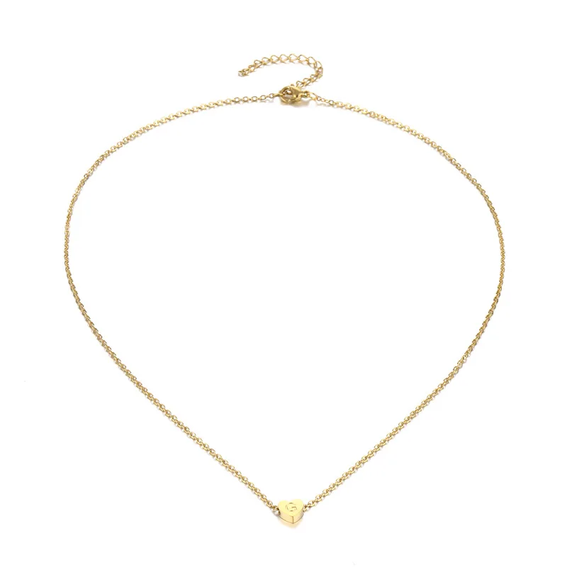 Ailodo Fashion Tiny Heart Initial Necklace Stainless Steel Gold Color Letter Name Necklace For Women Pendant Jewelry Girls Gift