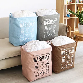

Printed Letter Drawstring Folding Storage Basket 75L-120L Dirty Clothes Package Bags Cotton Linen Dust-Proof Organizer Case