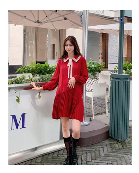 

Spring and autumn pregnant dress stitching navy collar in the long section of pregnant bow tie maternity dress large size
