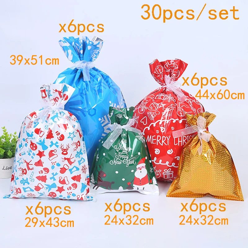 30pcs Christmas gift bags+ 30pcs ribbons Drawstring Snowflake Gift Bags Candy Favors Present Wrapping