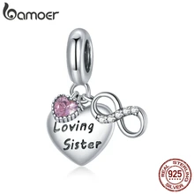 

BAMOER Family Loving Sister Pink Heart Pendant 925 Sterling Silver Love Charms fit Women Original Bracelet Fine Jewelry Gift