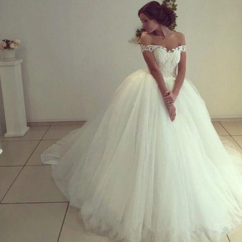 

Angelsbridep бальное платье с открытыми плечами, фатиновые свадебные платья, Vestido De Noiva, модные милые Свадебные платья с аппликацией со шлейфом
