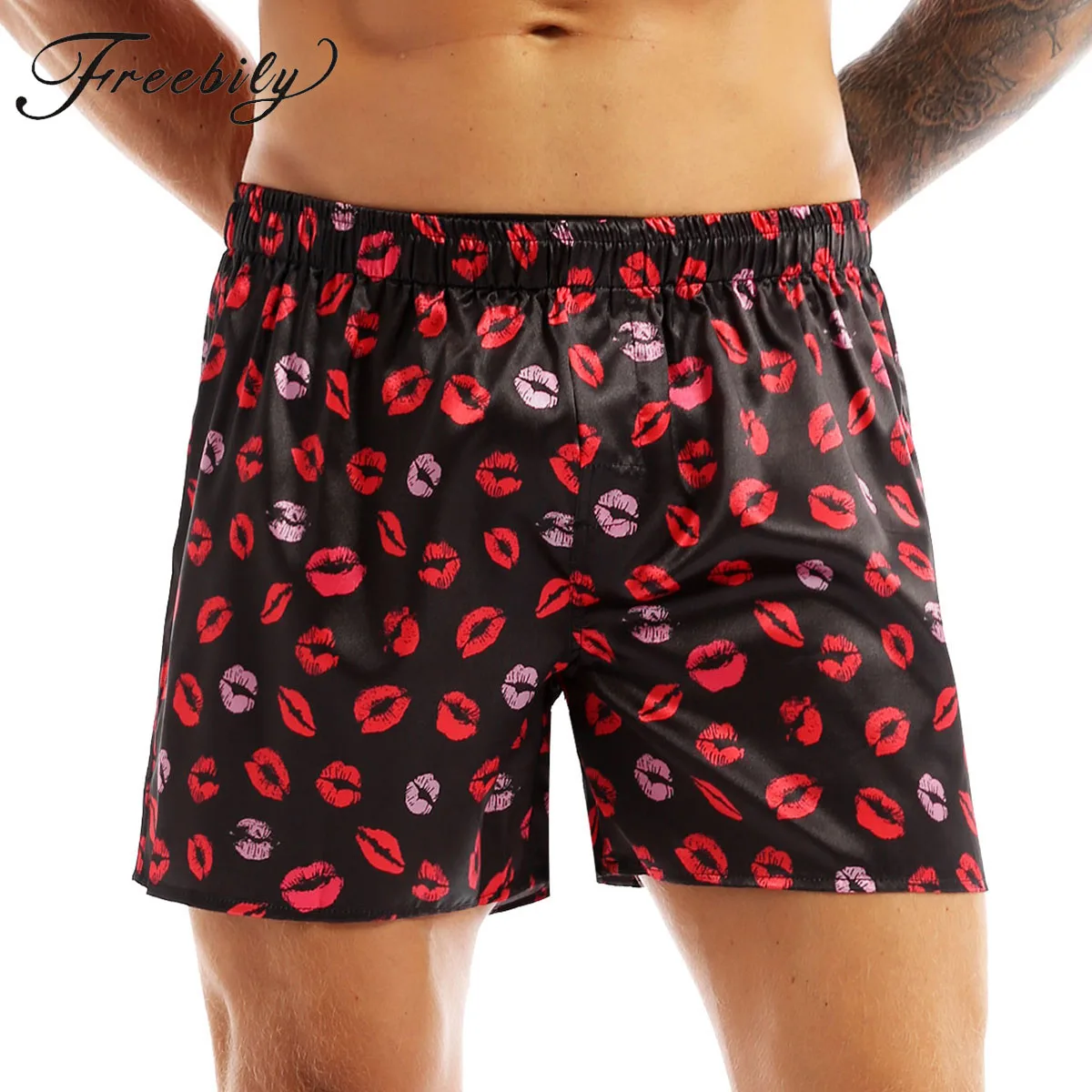 Men Silk Satin Boxer Shorts Summer Lip Love Heart Print Loose Lounge Sports Shorts Pajamas