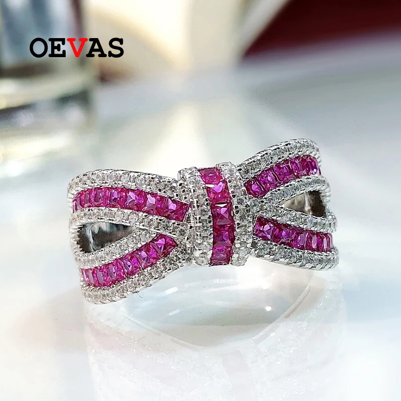 OEVAS 100% 925 бриллиантовые кольца с бантом из высокоуглеродного сплава для женщин