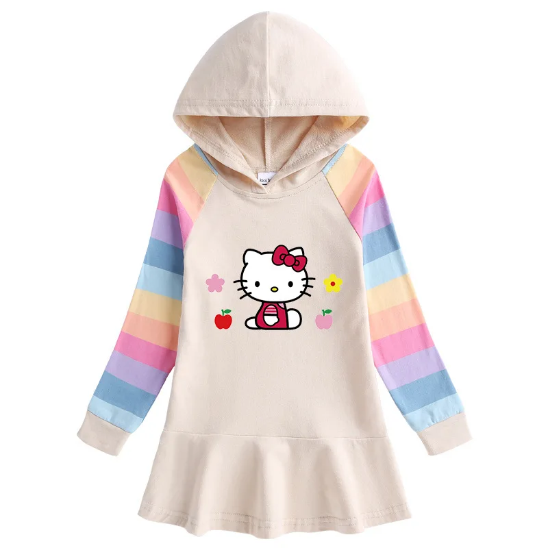 thumbnail image 1 of Hello Kitty-vestido con estampado de dibujos animados para niña, suéter con capucha de manga larga de arcoíris de algodón puro, falda de princesa dulce, primavera y otoño, 1 of 4