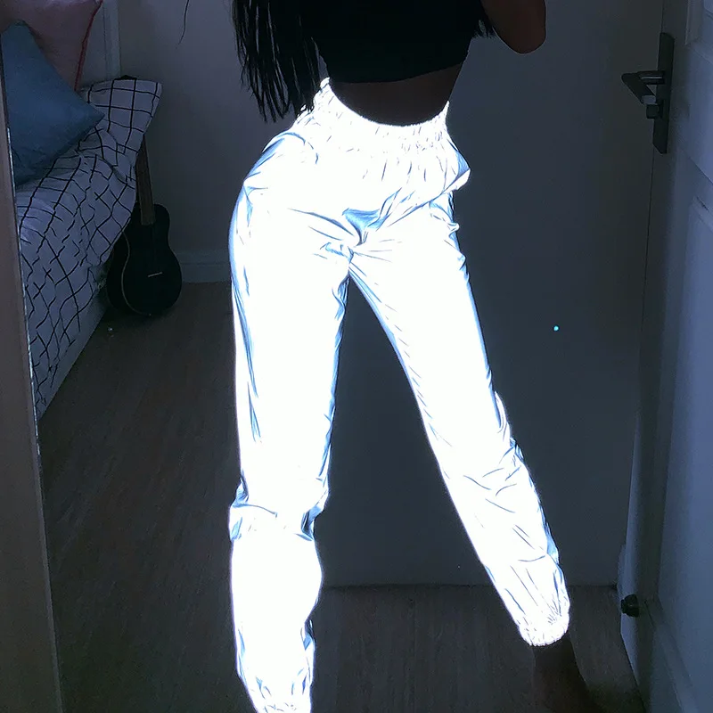 

New Reflective Skate Pants for Women Polyester Night Reflective Lady Hip-hop Pencil Pants Waterproof Tracksuit Pants for Ladies