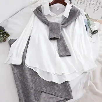 

2 Piece Set Pencil Skirts Women Stitching Shawl Fake Knitted 2 Piece Set Long-Sleeved Shirt And Irregular Skirts Set